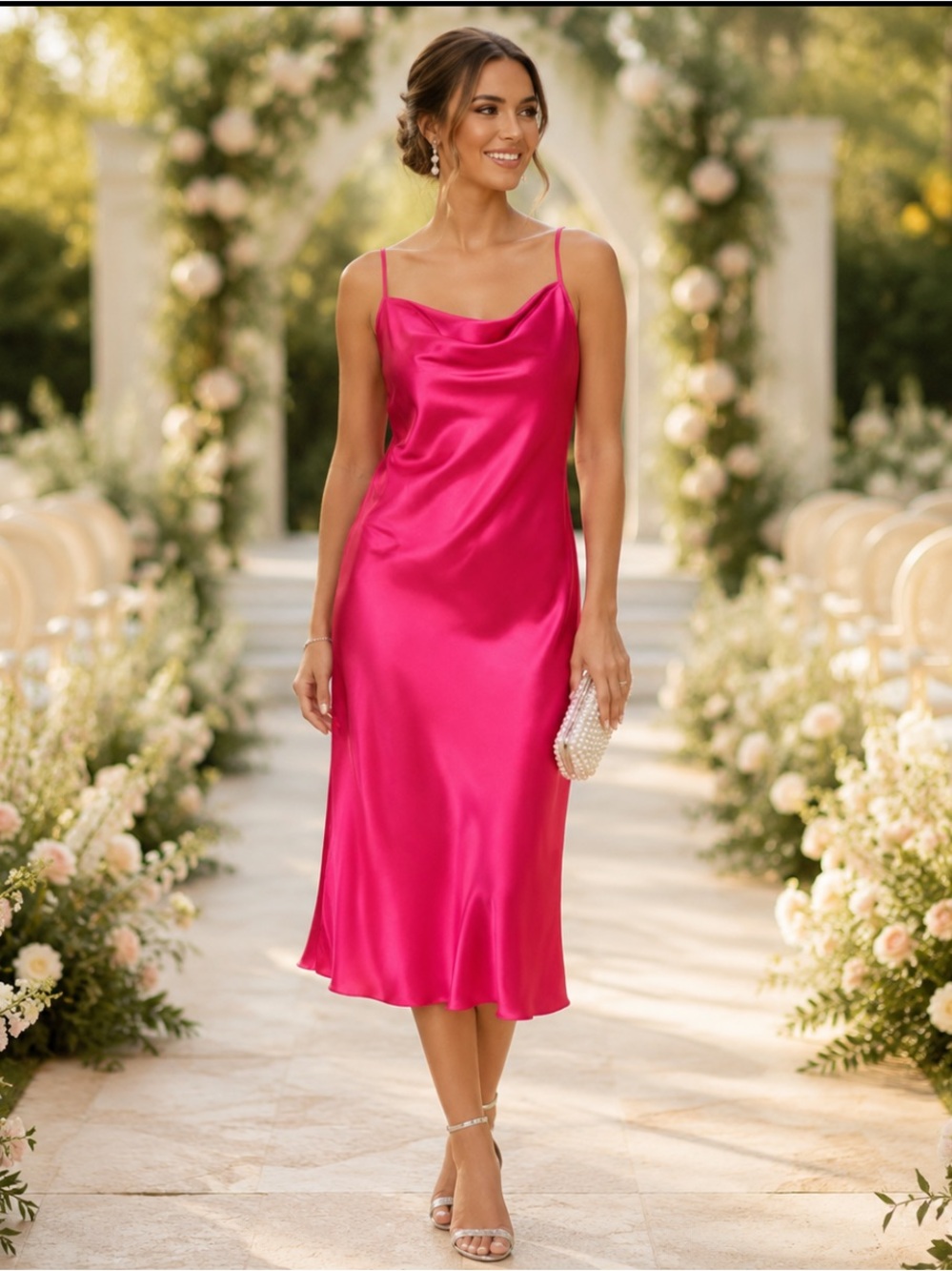 Bebe Hot Pink Satin Cowl Neck MIDI Slip Dress Barbiecore